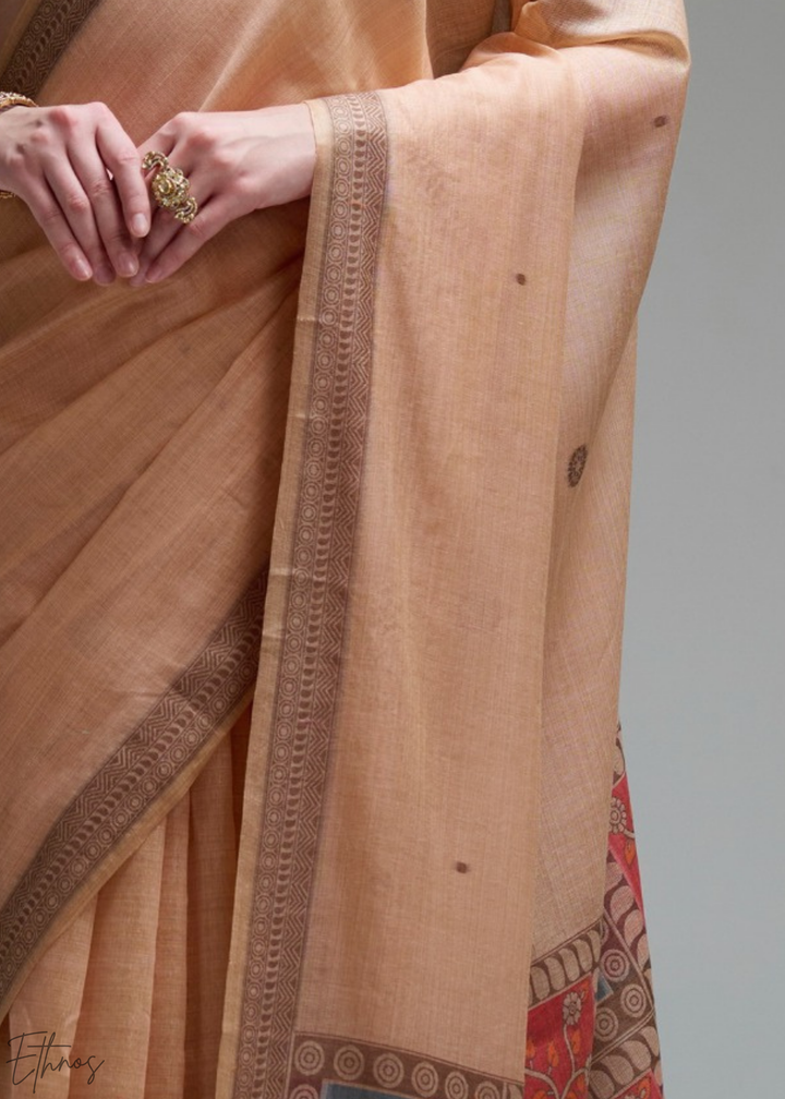 Pastel Peach Geometric Block Printed Jamdani Cotton Saree