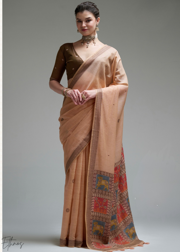 Pastel Peach Geometric Block Printed Jamdani Cotton Saree