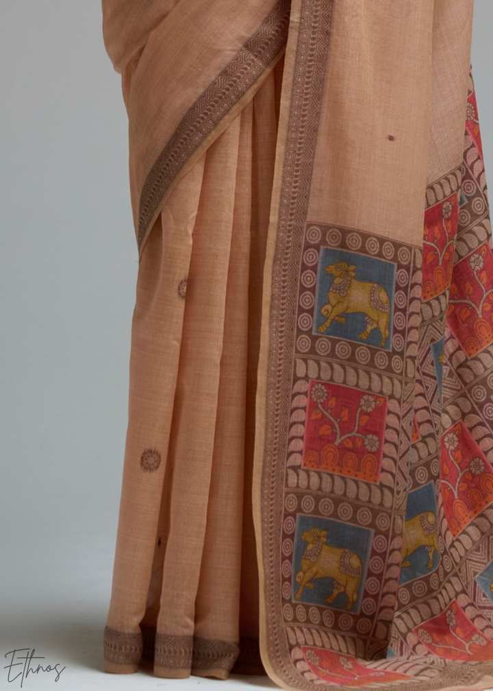 Pastel Peach Geometric Block Printed Jamdani Cotton Saree
