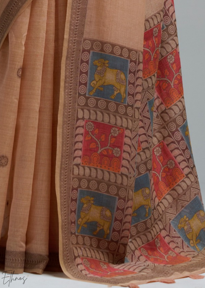 Pastel Peach Geometric Block Printed Jamdani Cotton Saree
