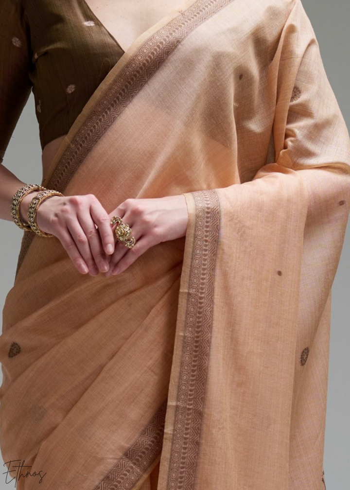 Pastel Peach Geometric Block Printed Jamdani Cotton Saree