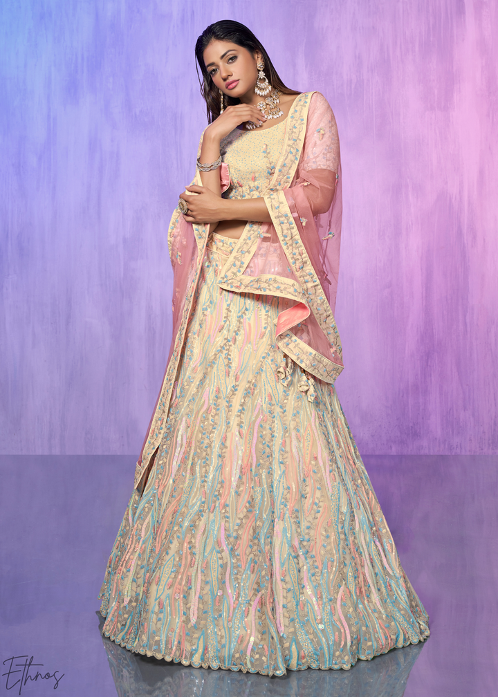 Pastel Peach & Aqua Multi-Color Embroidered Organza Lehenga Choli Set