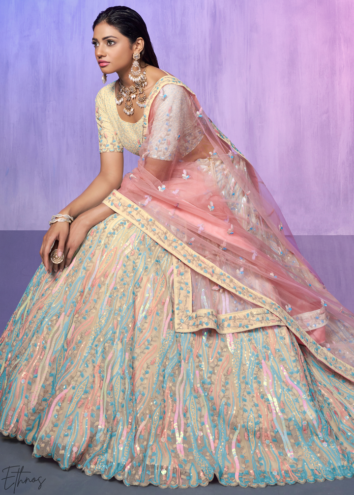 Pastel Peach & Aqua Multi-Color Embroidered Organza Lehenga Choli Set