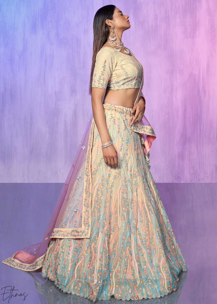 Pastel Peach & Aqua Multi-Color Embroidered Organza Lehenga Choli Set