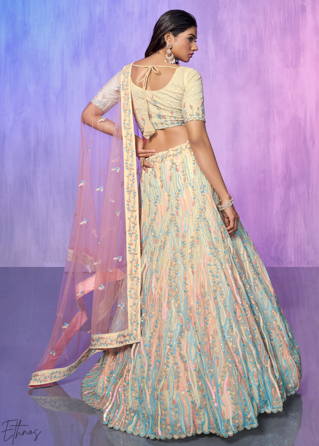 Pastel Peach & Aqua Multi-Color Embroidered Organza Lehenga Choli Set