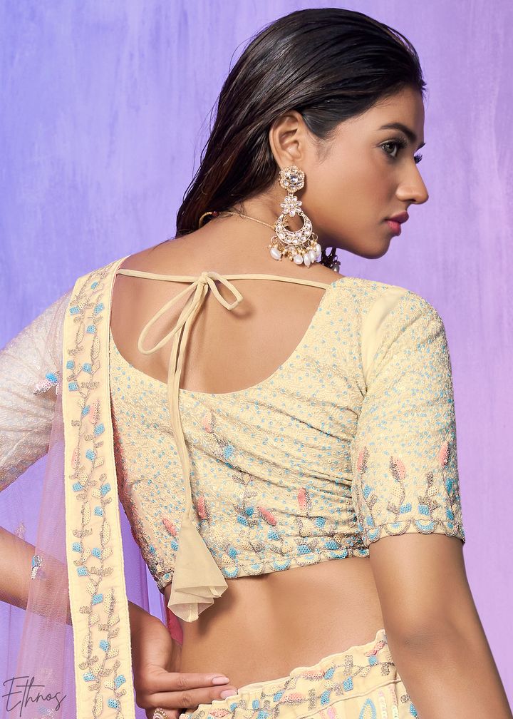 Pastel Peach & Aqua Multi-Color Embroidered Organza Lehenga Choli Set