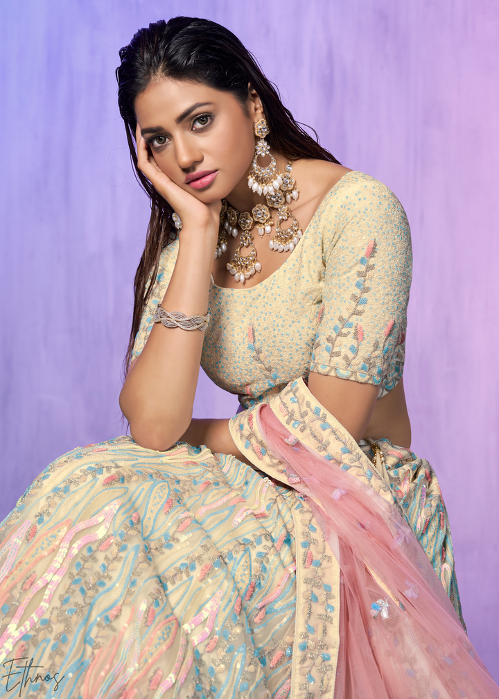 Pastel Peach & Aqua Multi-Color Embroidered Organza Lehenga Choli Set