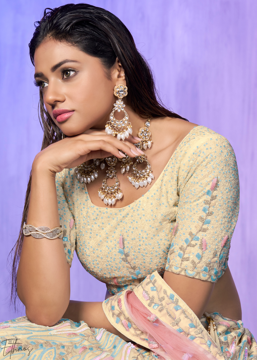 Pastel Peach & Aqua Multi-Color Embroidered Organza Lehenga Choli Set