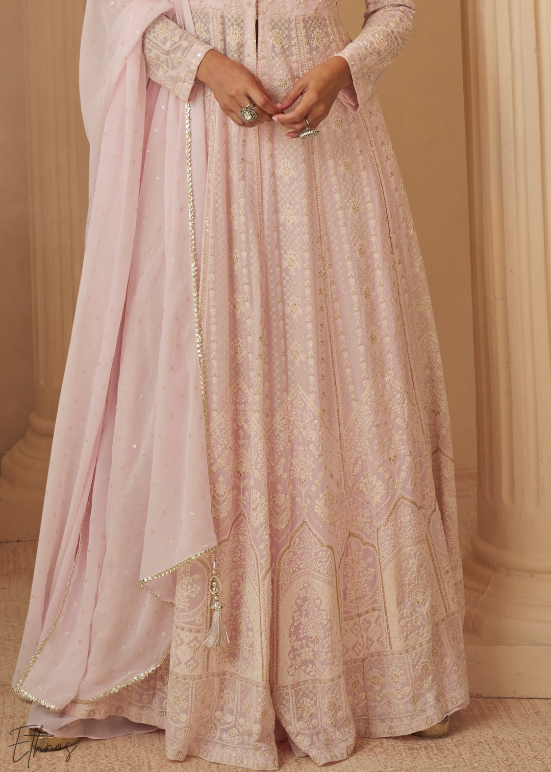 Pastel Pink Chikankari Georgette Anarkali Palazzo Suit