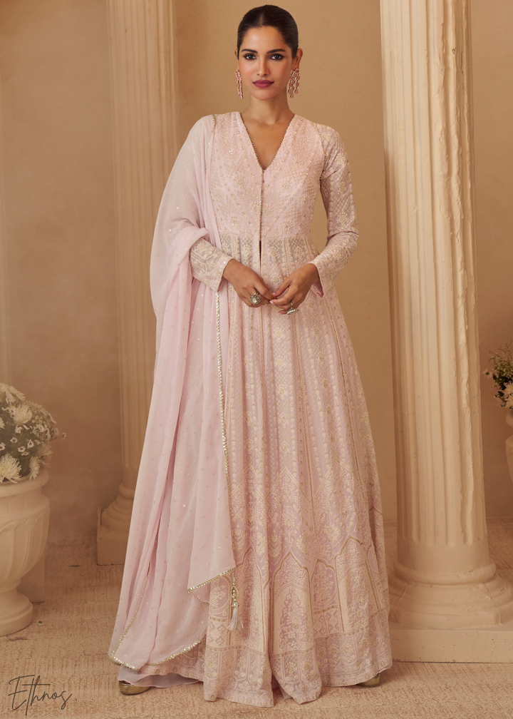 Pastel Pink Chikankari Georgette Anarkali Palazzo Suit