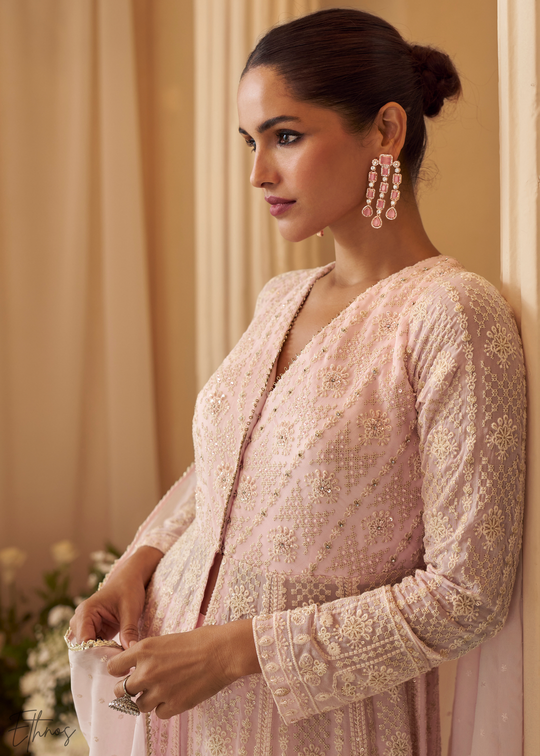 Pastel Pink Chikankari Georgette Anarkali Palazzo Suit