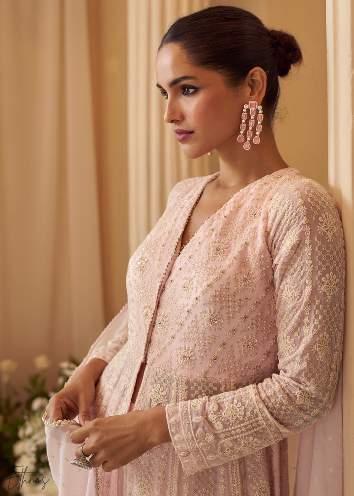 Pastel Pink Chikankari Georgette Anarkali Palazzo Suit