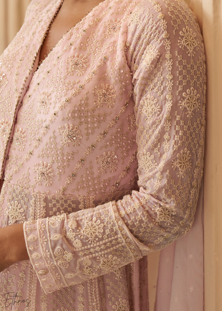 Pastel Pink Chikankari Georgette Anarkali Palazzo Suit