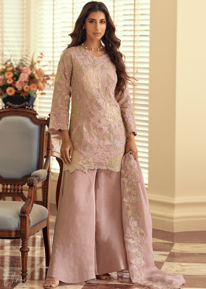 Pastel Pink Garden Simar Silk Palazzo Suit
