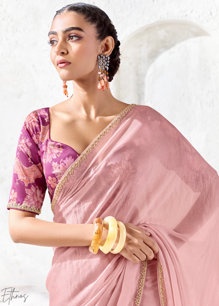 Pastel Pink Solid Sleek Border Organza Silk Saree