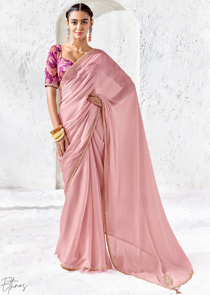 Pastel Pink Solid Sleek Border Organza Silk Saree