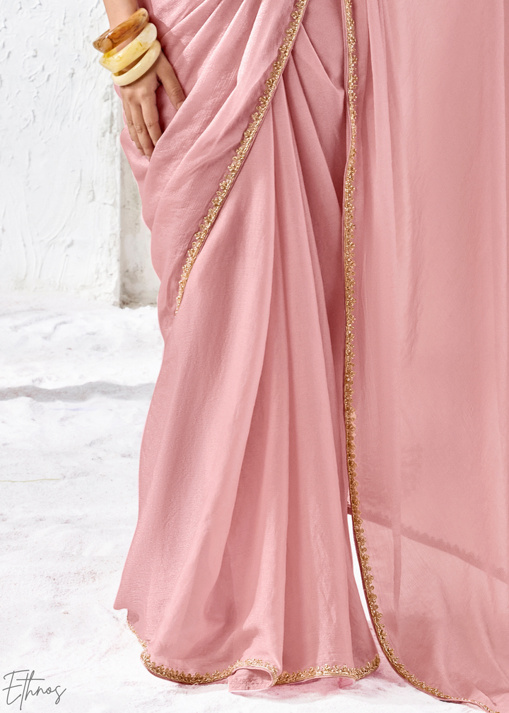 Pastel Pink Solid Sleek Border Organza Silk Saree