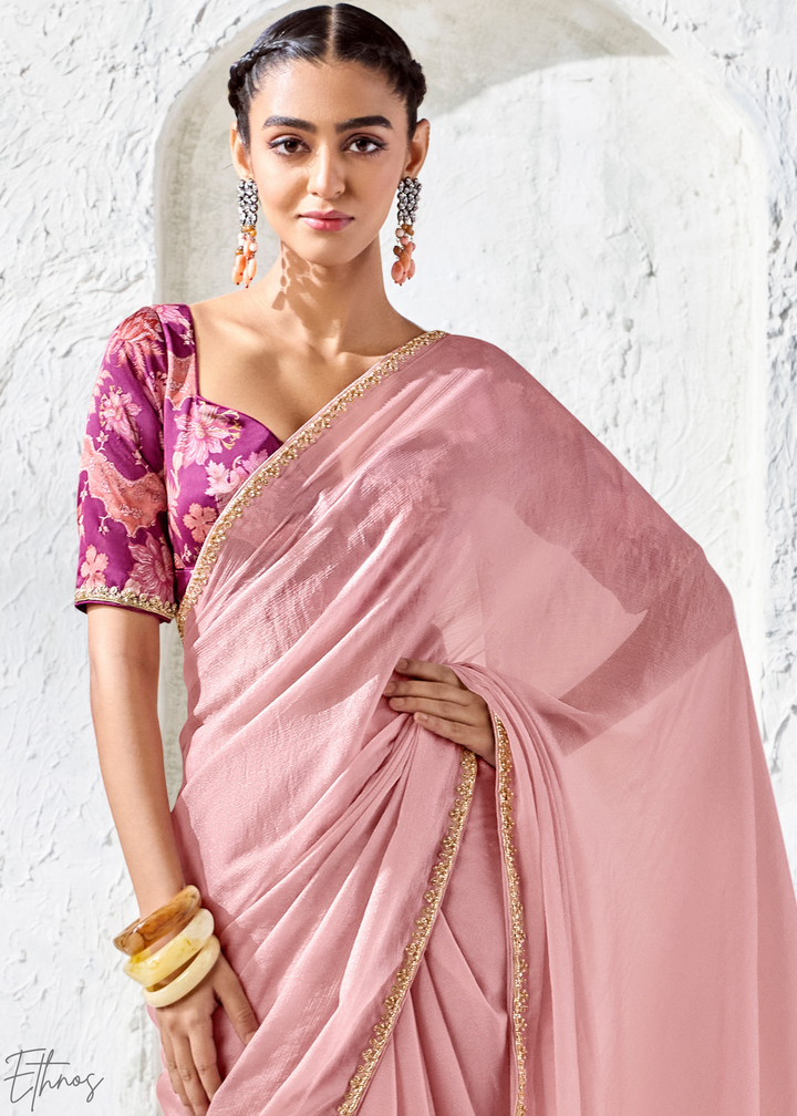 Pastel Pink Solid Sleek Border Organza Silk Saree