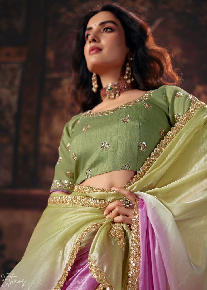 Pastel Purple Dual Shade Gradient Fendy Satin Saree