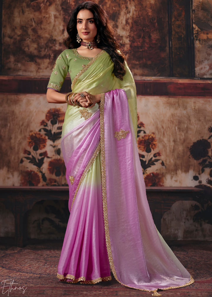 Pastel Purple Dual Shade Gradient Fendy Satin Saree