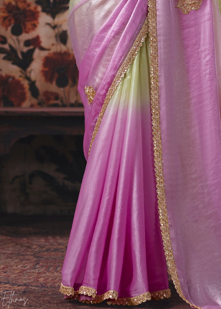 Pastel Purple Dual Shade Gradient Fendy Satin Saree