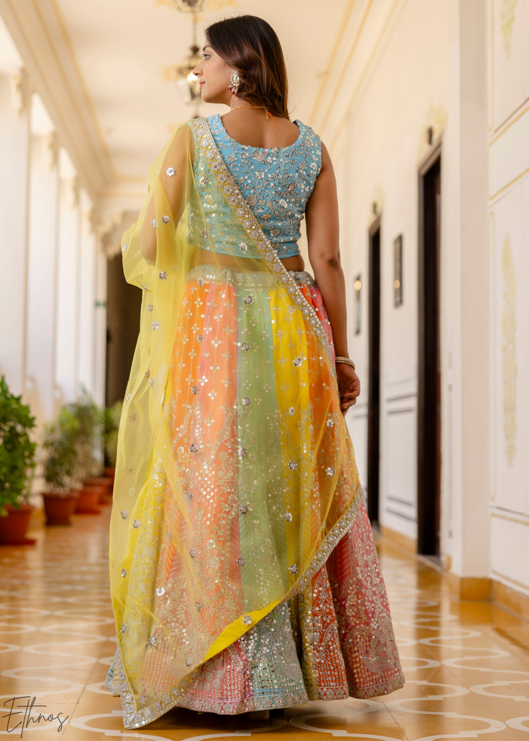 Pastel Rainbow Harlequin Sequin Georgette Lehenga