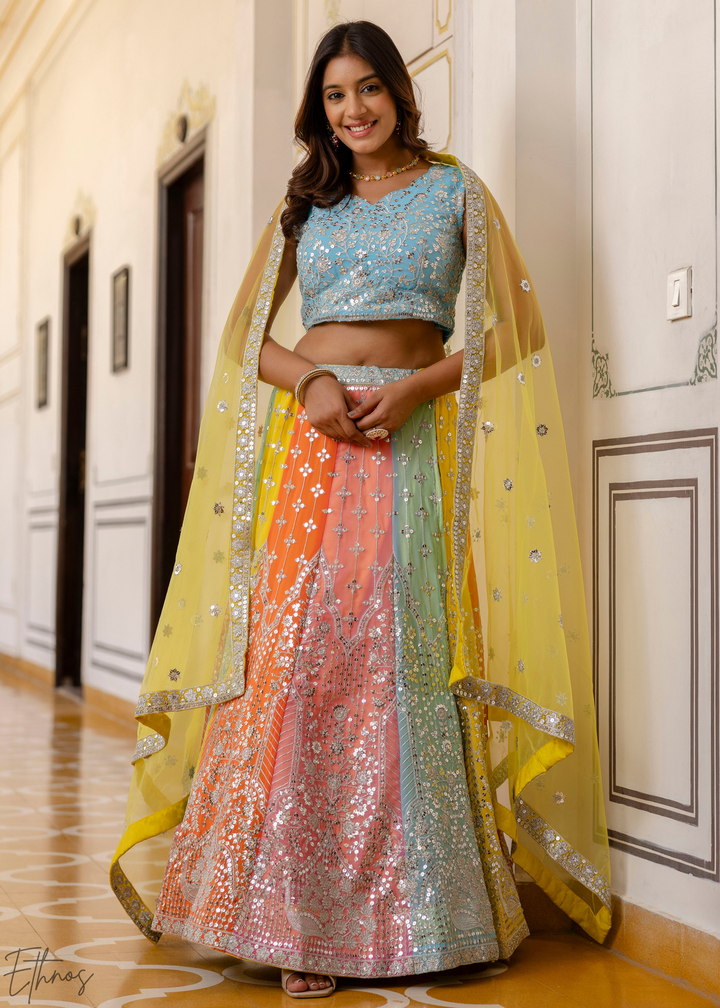 Pastel Rainbow Harlequin Sequin Georgette Lehenga