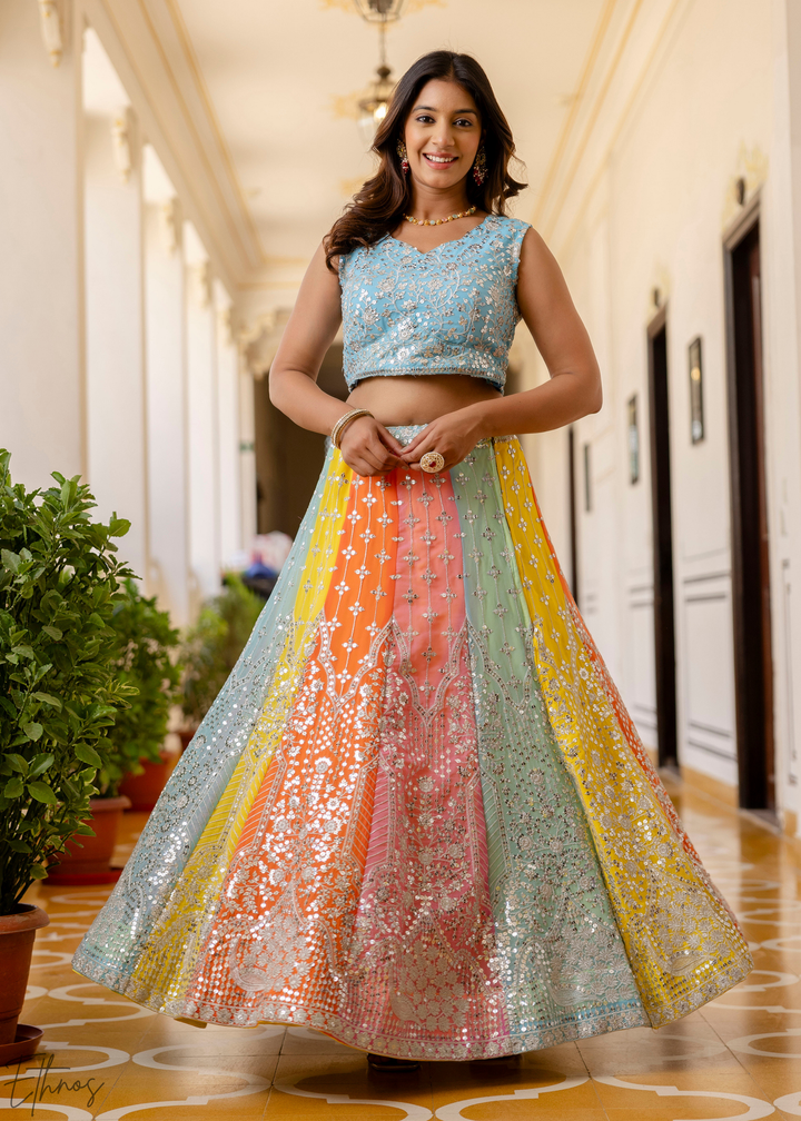Pastel Rainbow Harlequin Sequin Georgette Lehenga