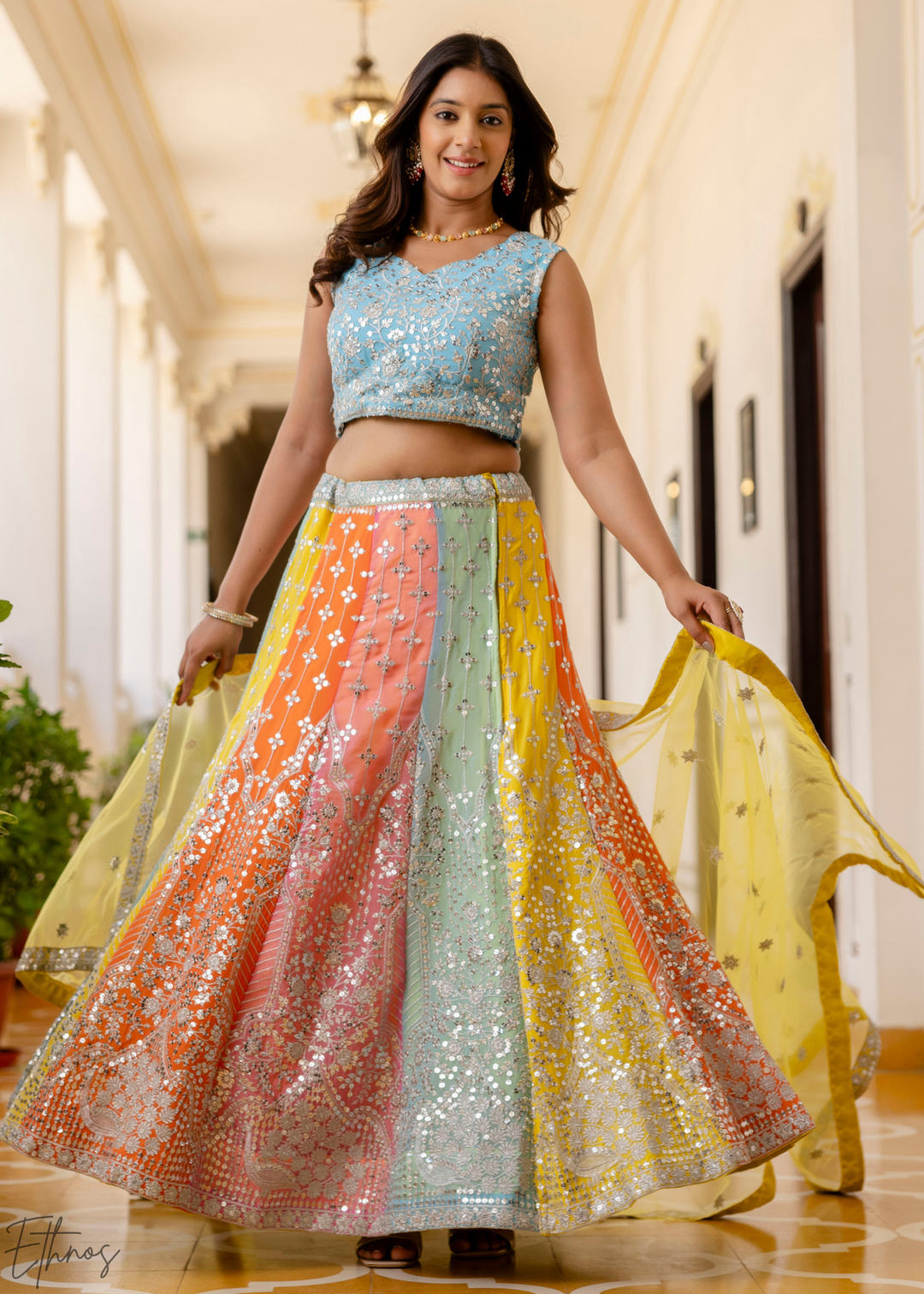 Pastel Rainbow Harlequin Sequin Georgette Lehenga