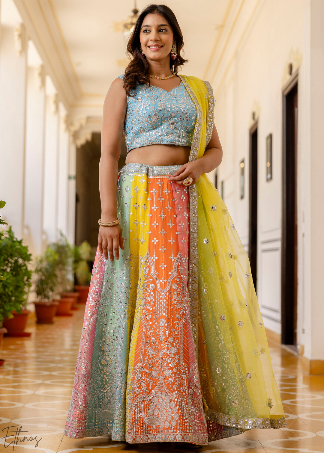 Pastel Rainbow Harlequin Sequin Georgette Lehenga