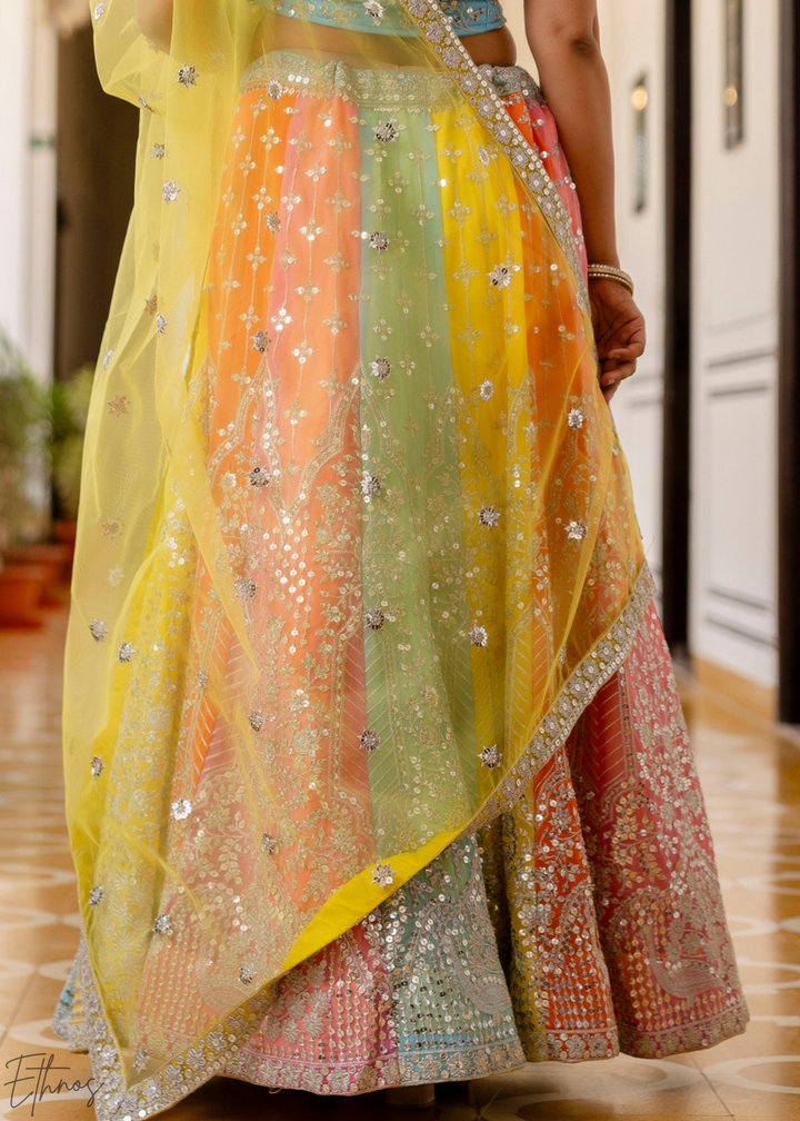 Pastel Rainbow Harlequin Sequin Georgette Lehenga