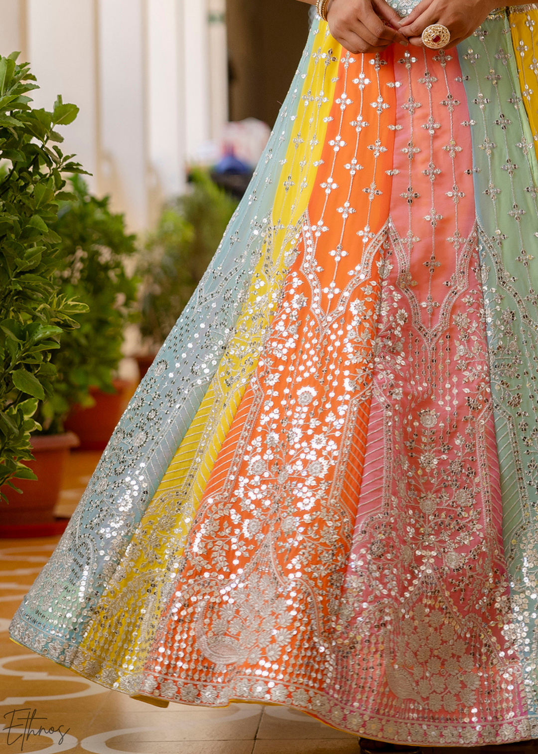 Pastel Rainbow Harlequin Sequin Georgette Lehenga