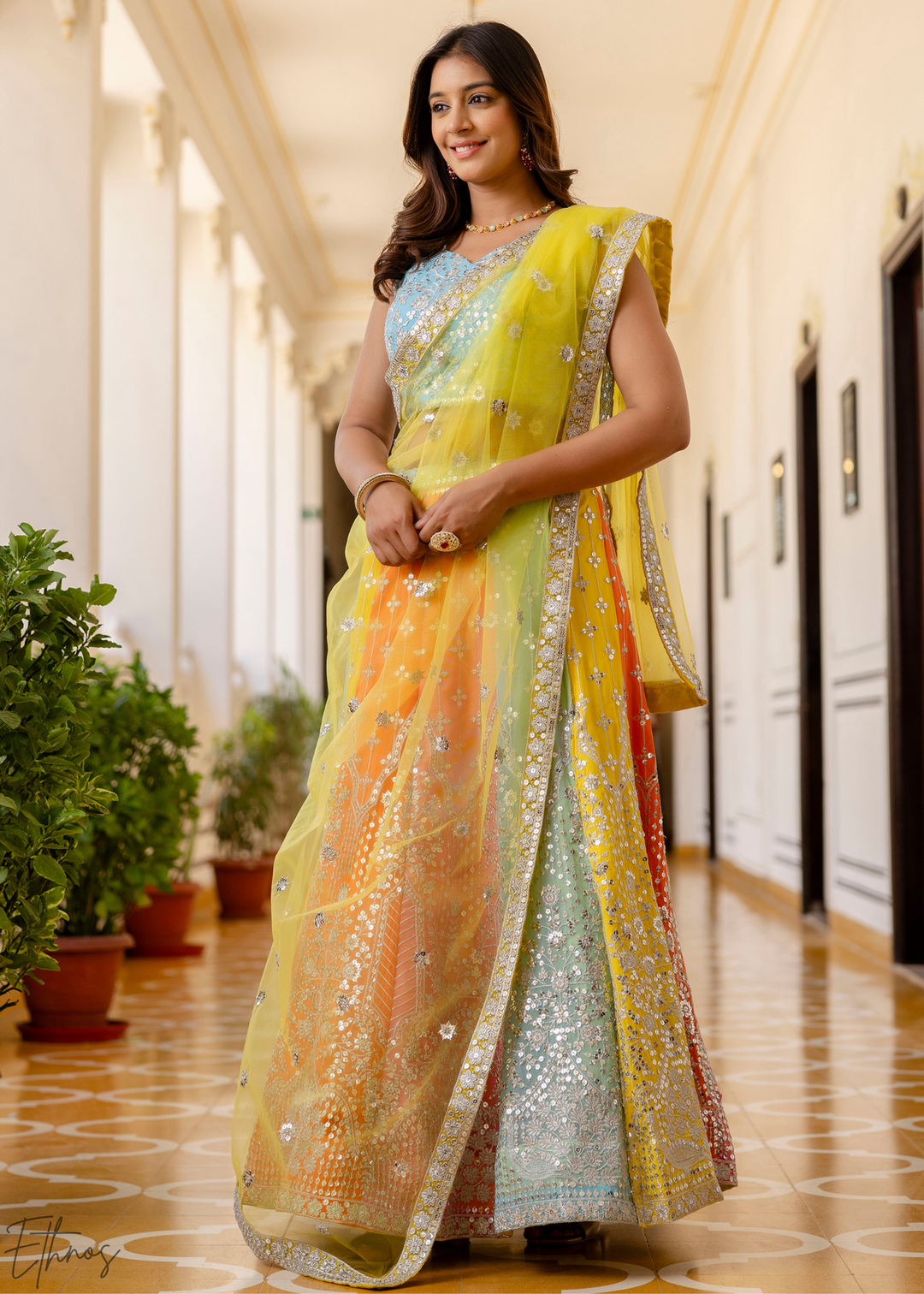 Pastel Rainbow Harlequin Sequin Georgette Lehenga