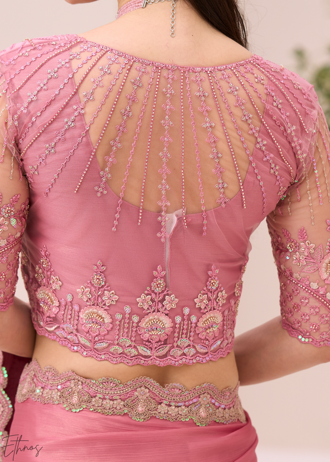 Pastel Rose Shimmer Satin Chiffon Saree