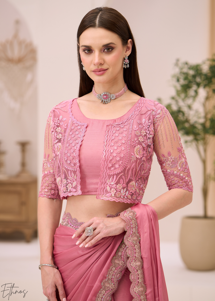 Pastel Rose Shimmer Satin Chiffon Saree