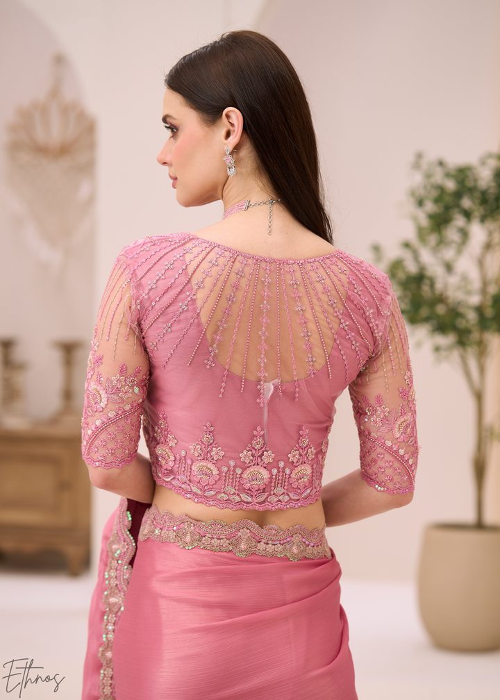 Pastel Rose Shimmer Satin Chiffon Saree