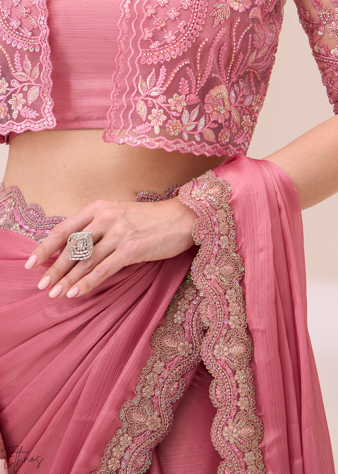 Pastel Rose Shimmer Satin Chiffon Saree