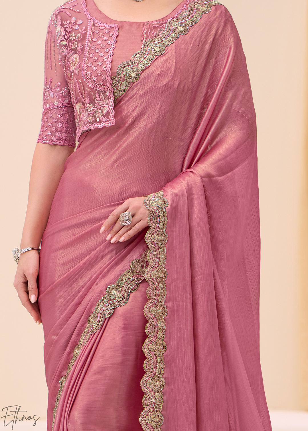 Pastel Rose Shimmer Satin Chiffon Saree