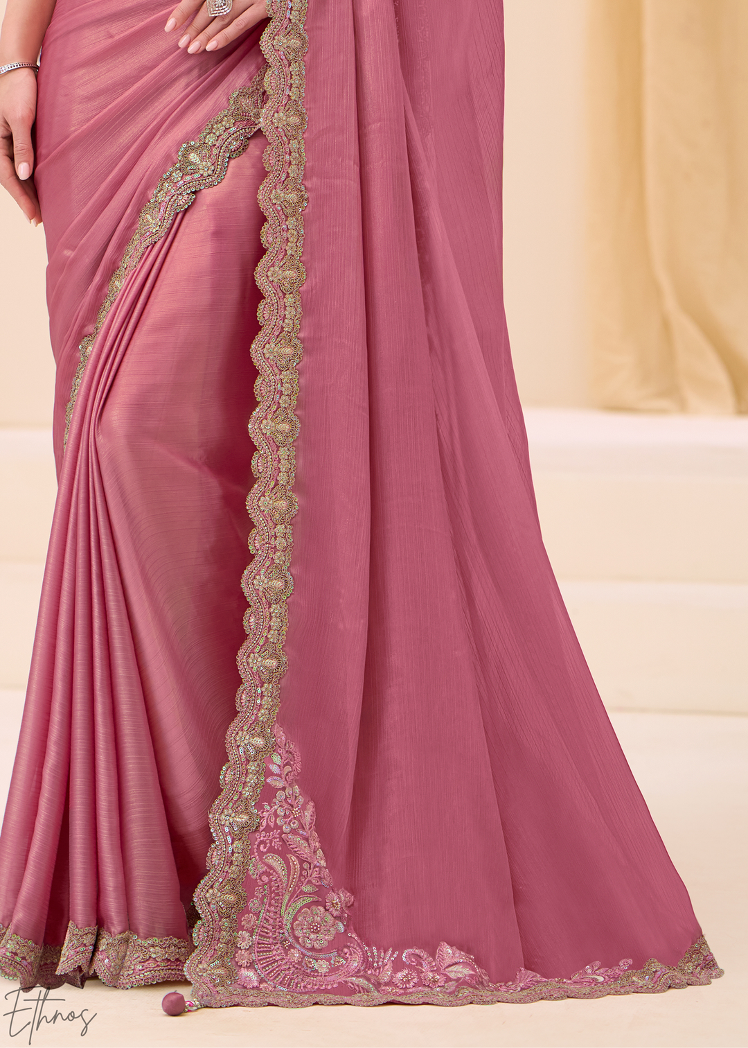 Pastel Rose Shimmer Satin Chiffon Saree
