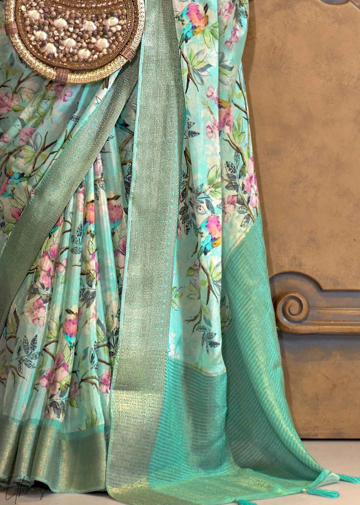 Pastel Sage Bloom Tissue Silk Saree