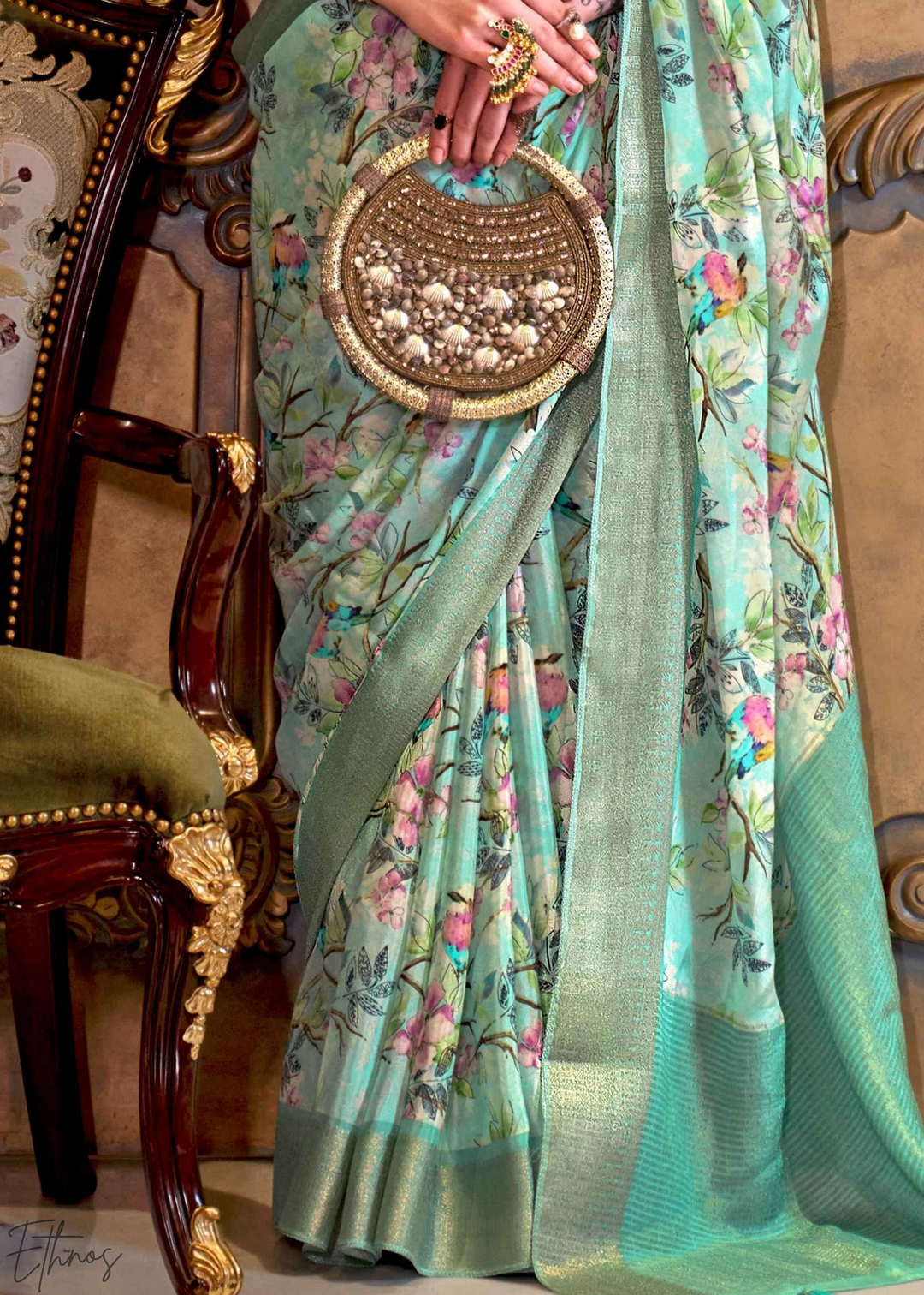 Pastel Sage Bloom Tissue Silk Saree