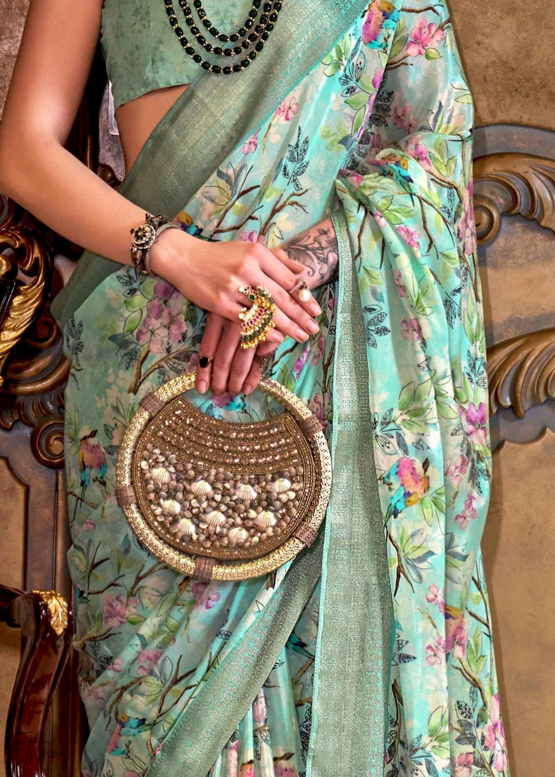 Pastel Sage Bloom Tissue Silk Saree