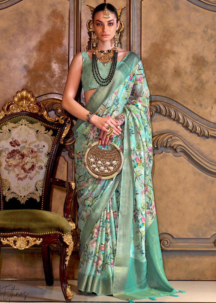Pastel Sage Bloom Tissue Silk Saree