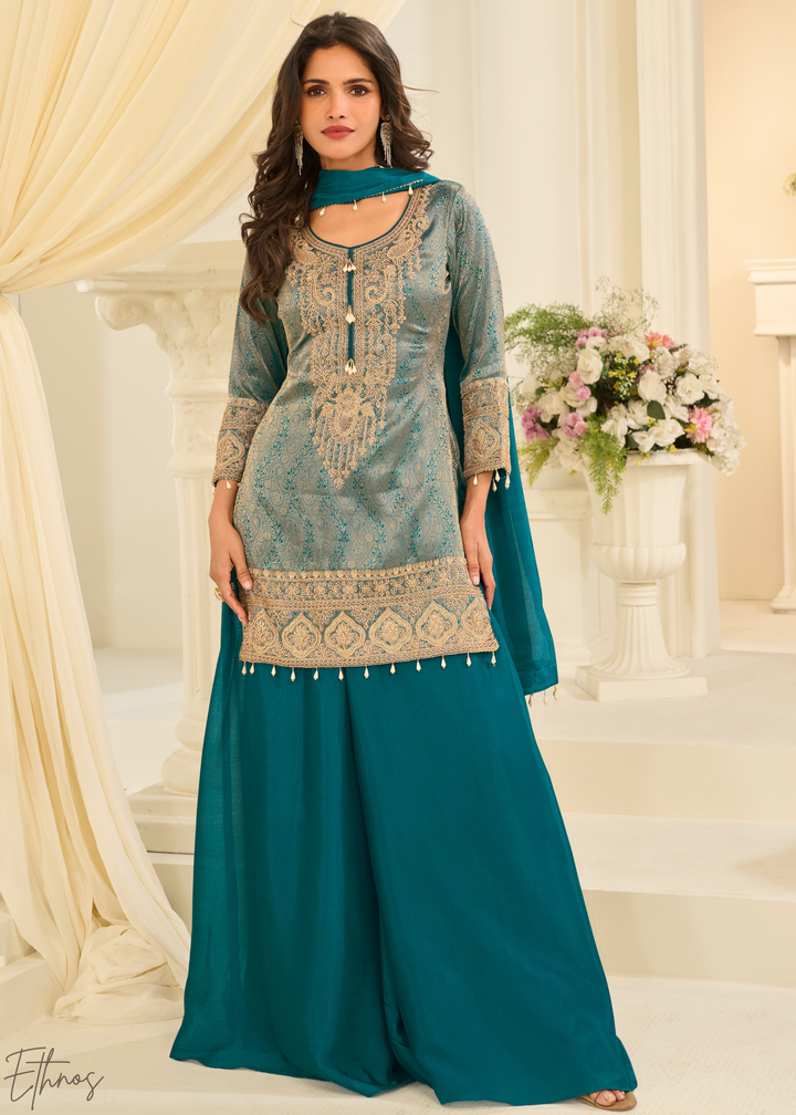 Pastel Teal Floral Embroidered Jacquard Silk Suit