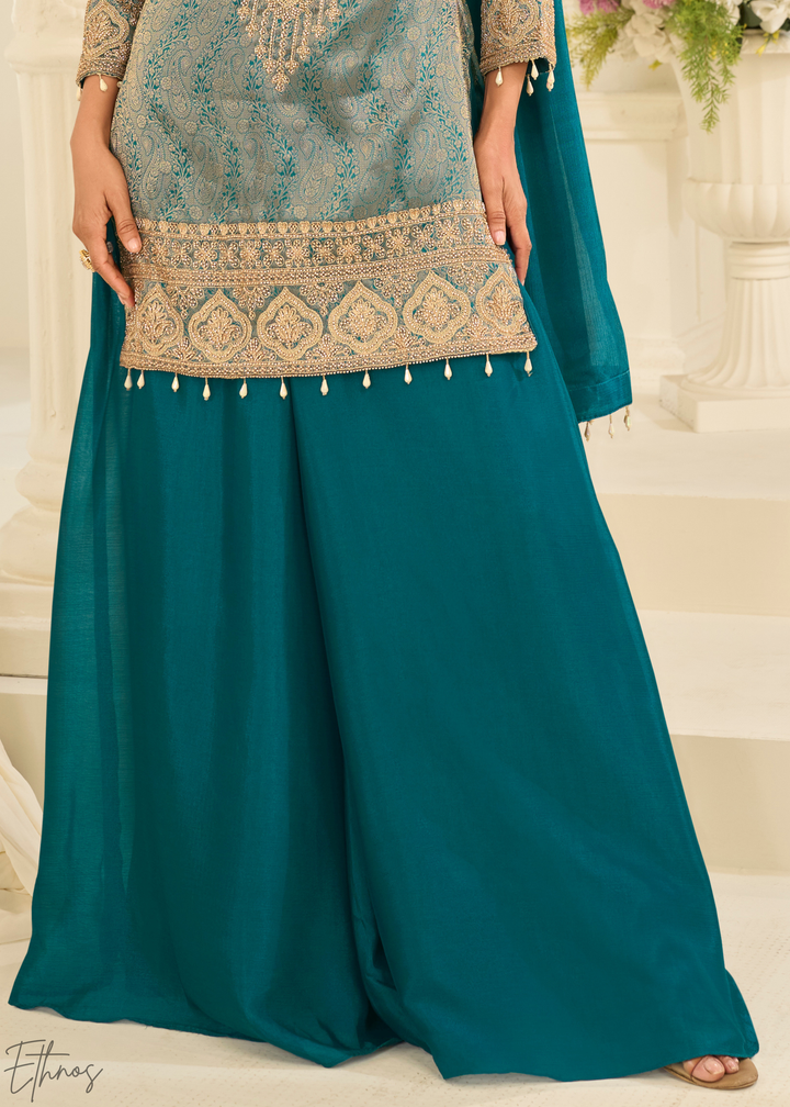 Pastel Teal Floral Embroidered Jacquard Silk Suit
