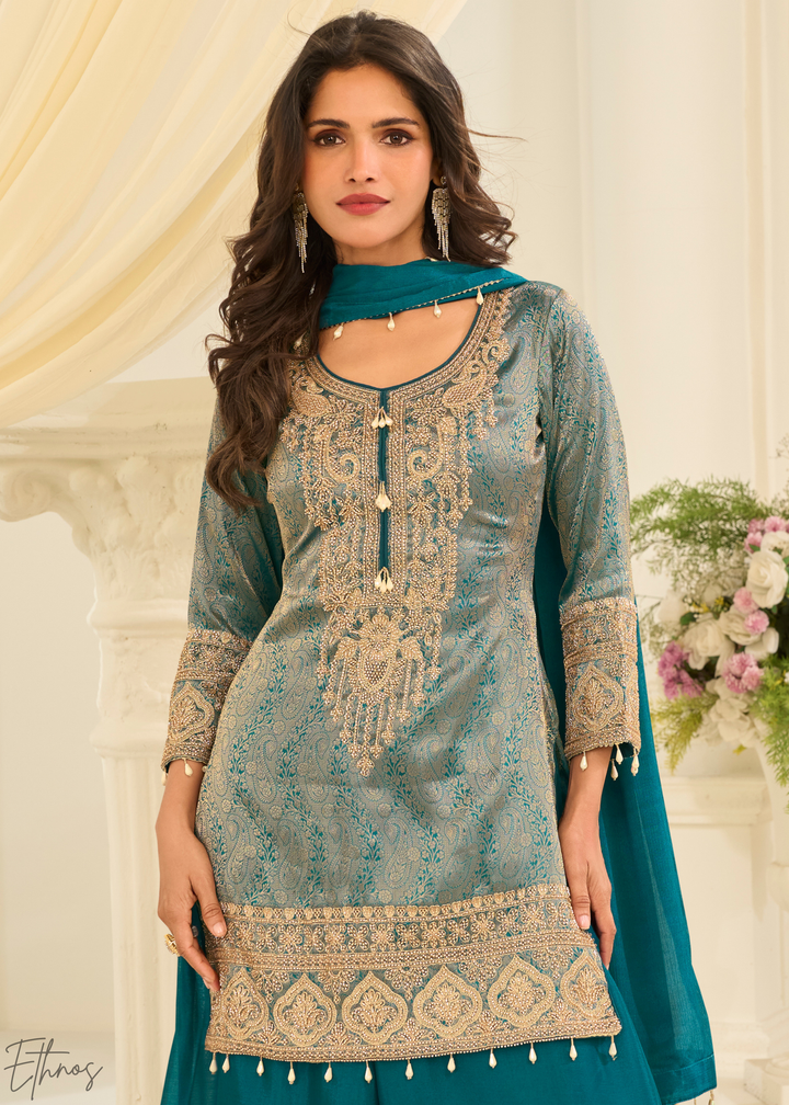 Pastel Teal Floral Embroidered Jacquard Silk Suit