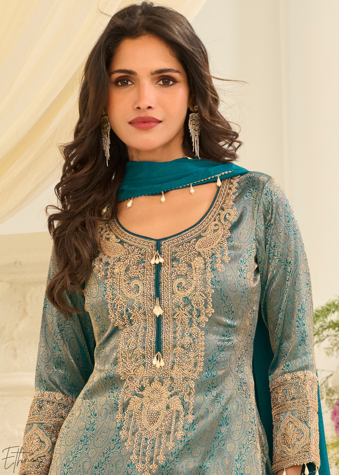 Pastel Teal Floral Embroidered Jacquard Silk Suit