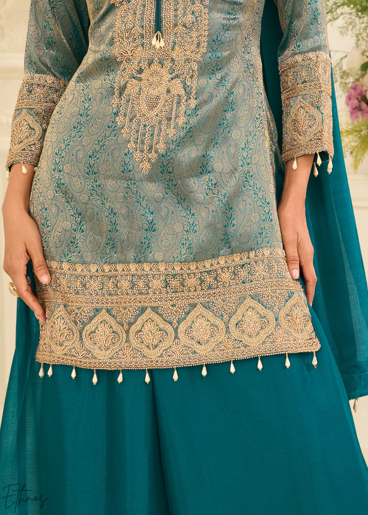 Pastel Teal Floral Embroidered Jacquard Silk Suit