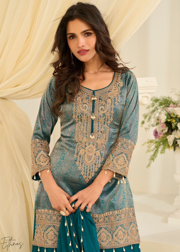 Pastel Teal Floral Embroidered Jacquard Silk Suit