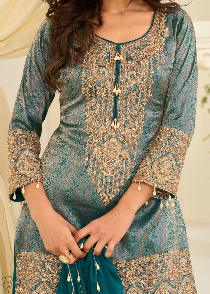 Pastel Teal Floral Embroidered Jacquard Silk Suit